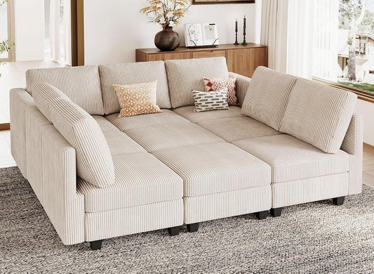 Corduroy Modular Sectional Sofa 9 Seat Convertible Sectional Sleeper Sofa Bed with Storage Ottomans Modular Sectional Couch Bed for Living Room Beige