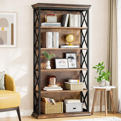 Tribesigns 6-Tier Bookcase, 71 Inches Industrial Bookshelves and Bookcases, Floor Standing 5 Shelf Display Storage Shelves Tall Bookcase for Home Office, Living Room, Bed Room, Brown and Black