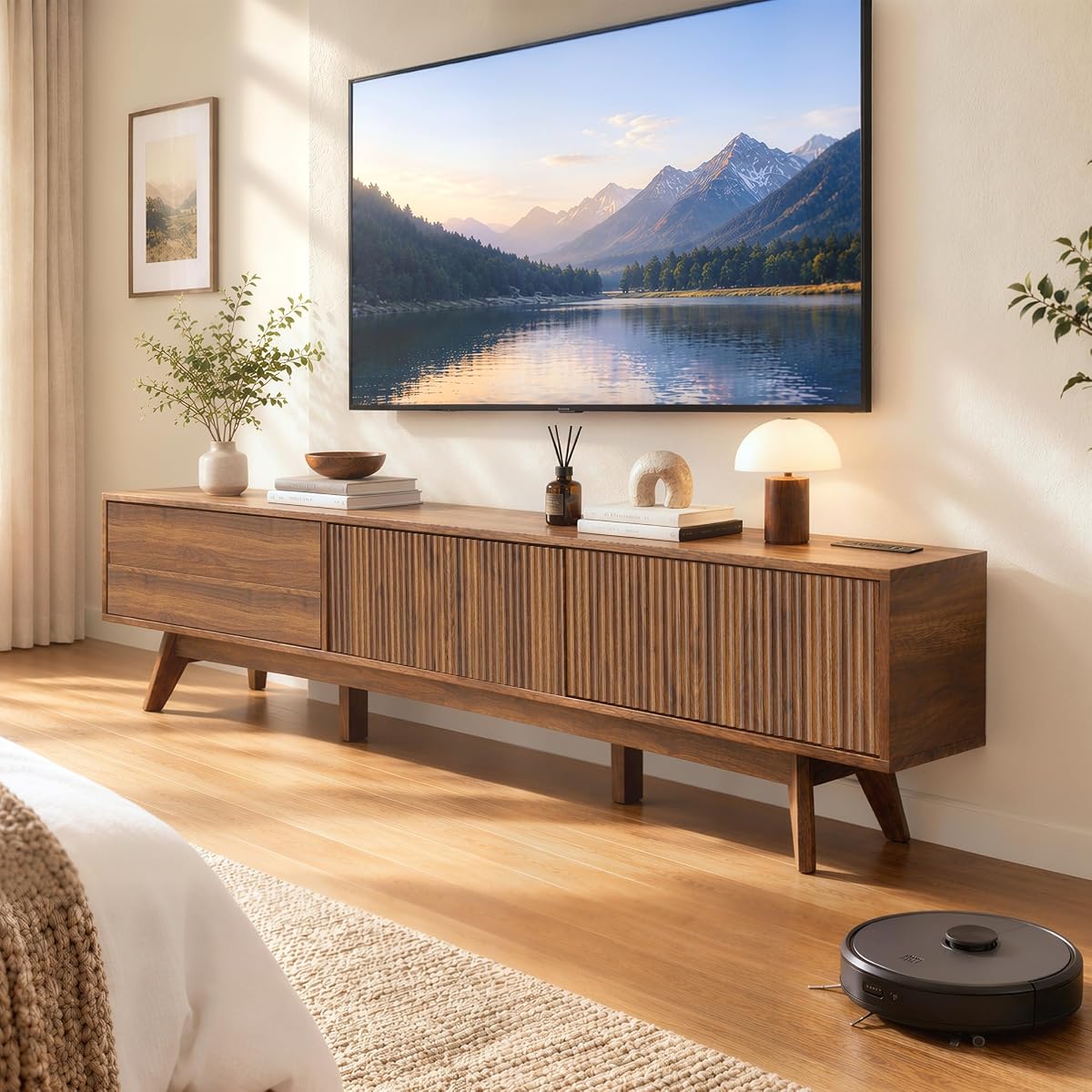 78" Fluted TV Stand with Power Outlet, Living Room TV Stand Walnut