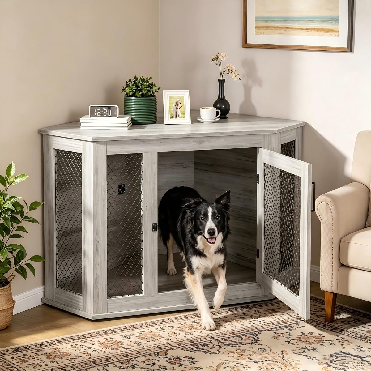 52 inch Corner Dog Crate Furniture, Wooden Dog Kennel Furniture with Mesh