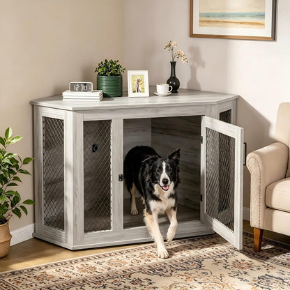 52 inch Corner Dog Crate Furniture, Wooden Dog Kennel Furniture with Mesh