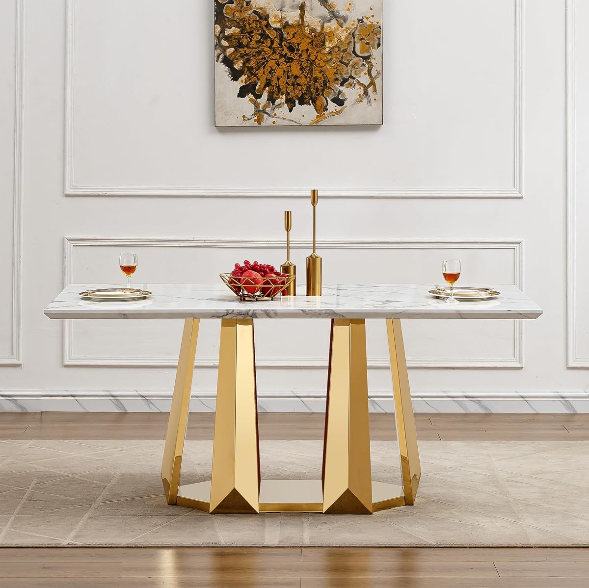 Marble Dining Table for 6 People, 70'' Rectangle Faux Marble Dining Table with Mirrored Stainless Steel Base, Large Size Marble Kitchen Table (Gold,White)(only Table)