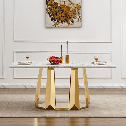 Marble Dining Table for 6 People, 70'' Rectangle Faux Marble Dining Table with Mirrored Stainless Steel Base, Large Size Marble Kitchen Table (Gold,White)(only Table)