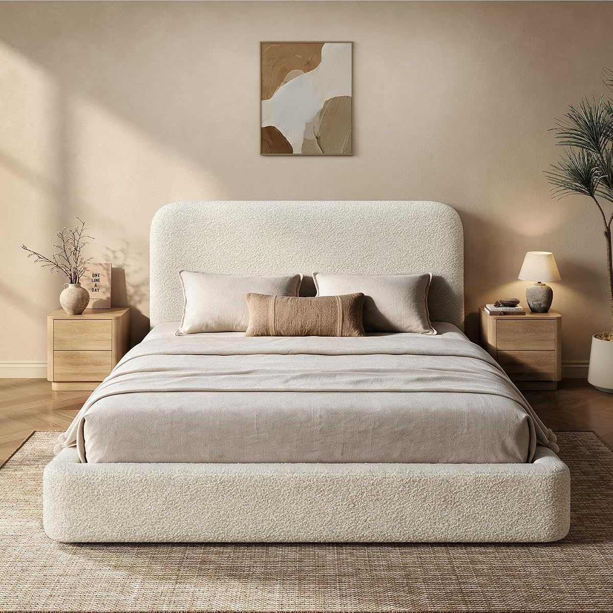 Upholstered Cloud Bed Queen Size Bed Frame with Headboard, Beige