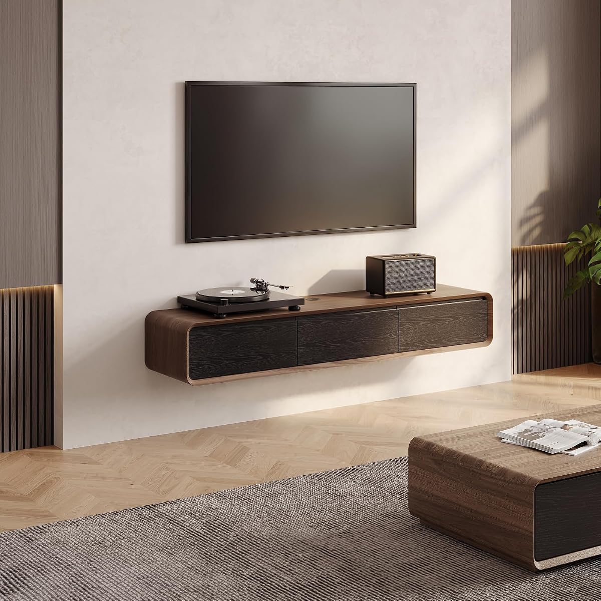 63" Fully Assembled Wood Floating TV Stand, Walnut and Black