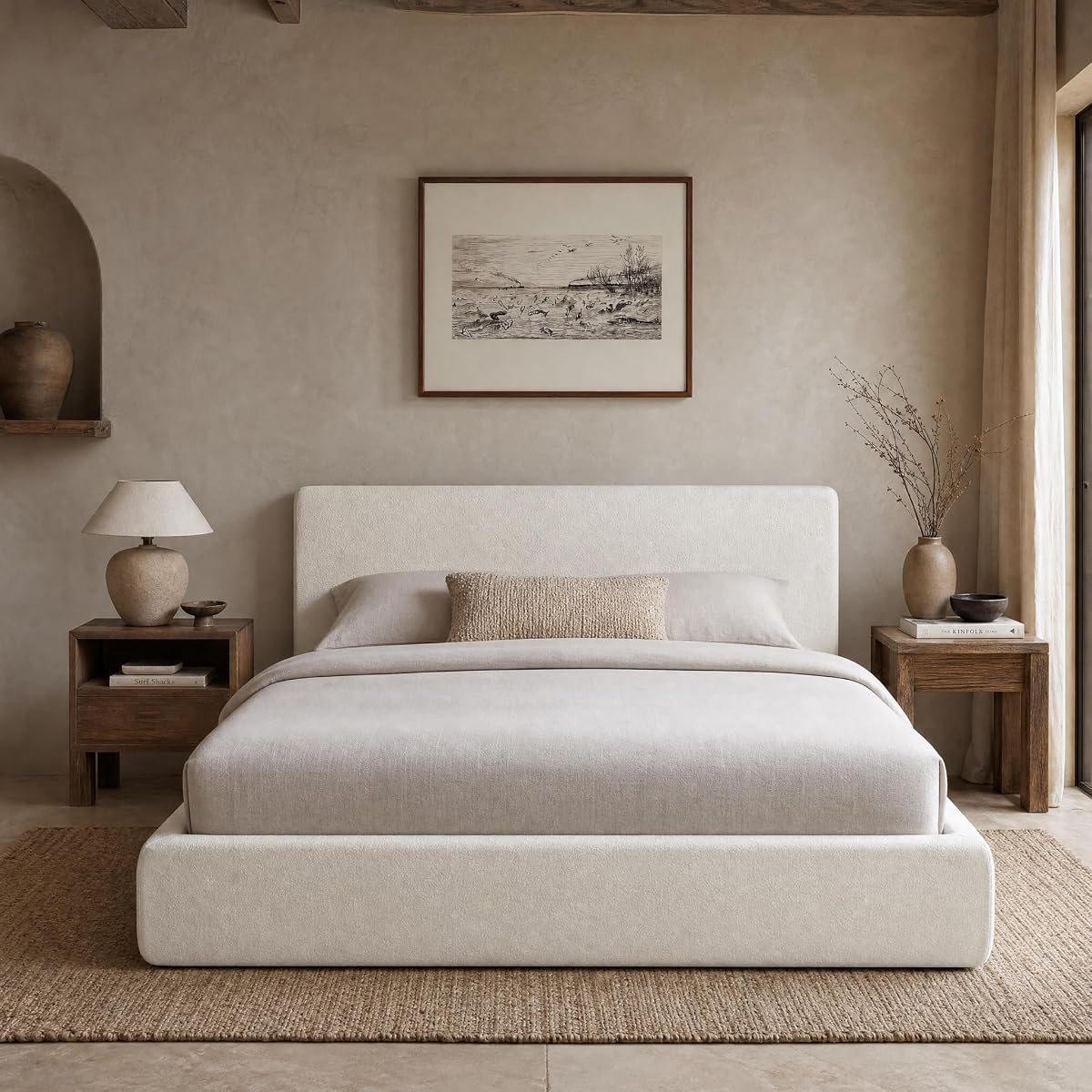 Queen Cloud Bed Frame with Cushion Headboard and 360° Foam Surround