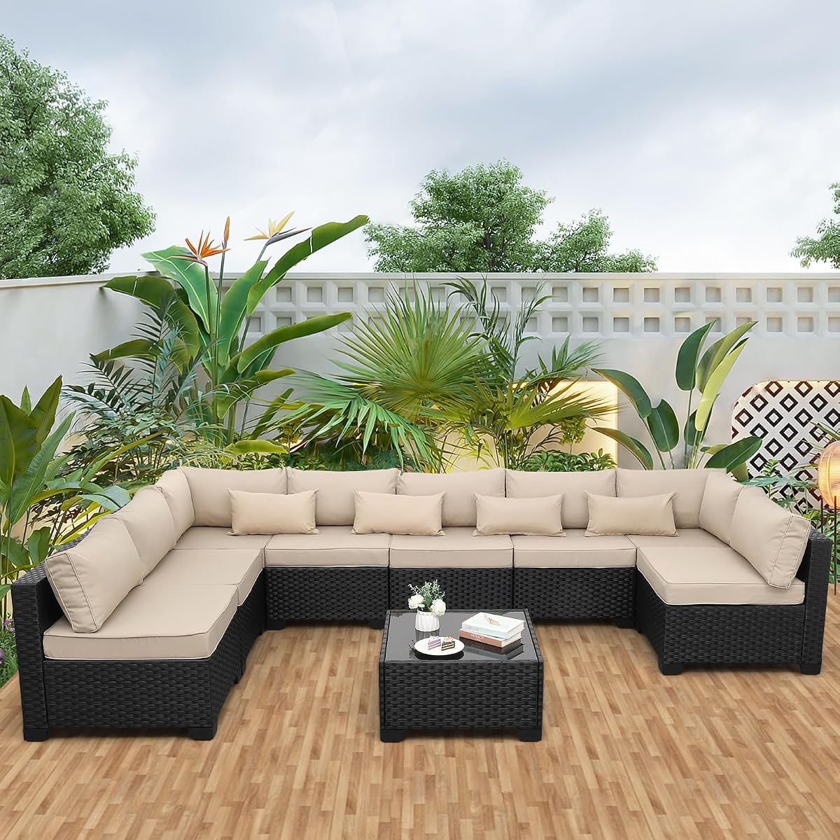9 Pieces Outdoor Sectional All-Weather Wicker Patio Furniture Set Patio Sectional Glass Patio Table Non-Slip Cushions and Waterproof Covers, Khaki