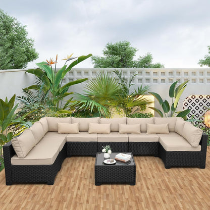 9 Pieces Outdoor Sectional All-Weather Wicker Patio Furniture Set Patio Sectional Glass Patio Table Non-Slip Cushions and Waterproof Covers, Khaki