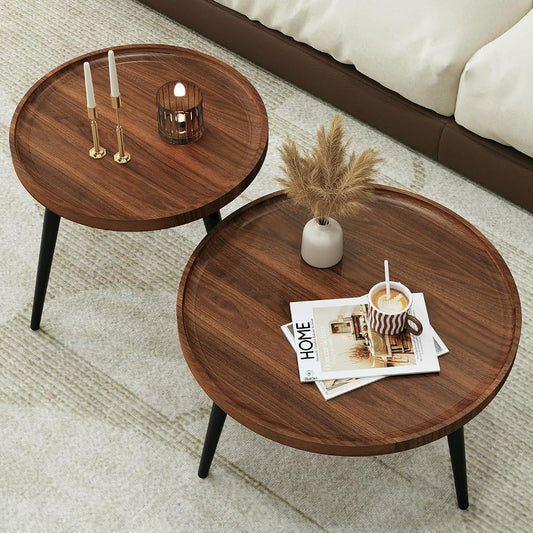 2 Pcs Small Modern Coffee Table Round,Mid Century Walnut Nesting Tables