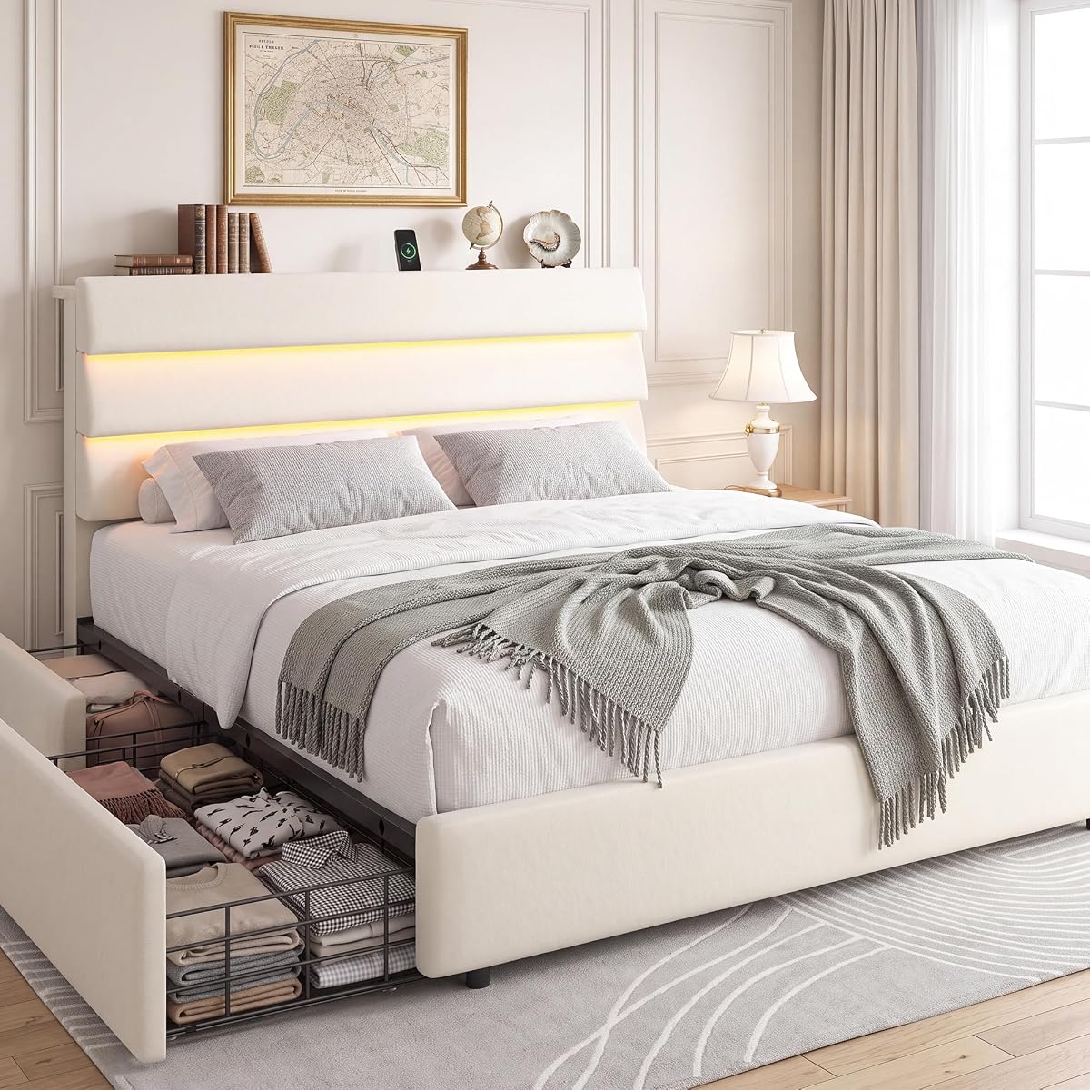 Beige Queen Bed Frame with Drawers and Headboard