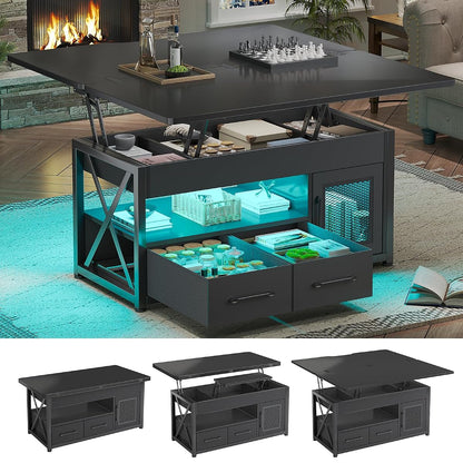 40" Lift Top Coffee Table, 4 in 1 Coffee Tables with Storage Cabinet for Living Room, Small Farmhouse Coffee Table with 2 Fabric Drawers & LED Light for Dining Room, Black