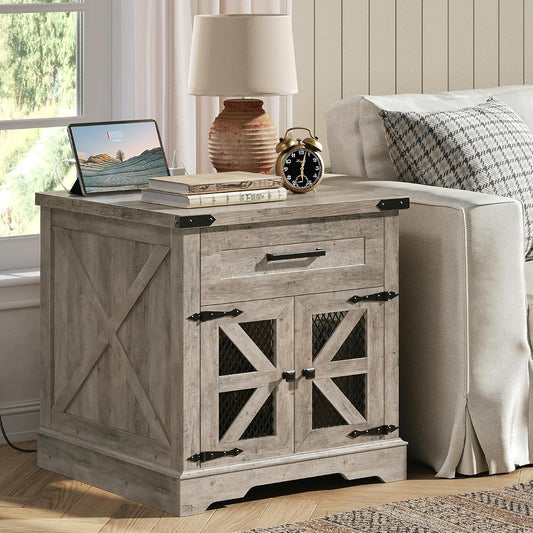 Farmhouse End Table with Charging Station, 24" Large Sofa Side Table with Drawer, Large End Table for Living Room, Wooden Nightstand with Outlet, Square, Greige