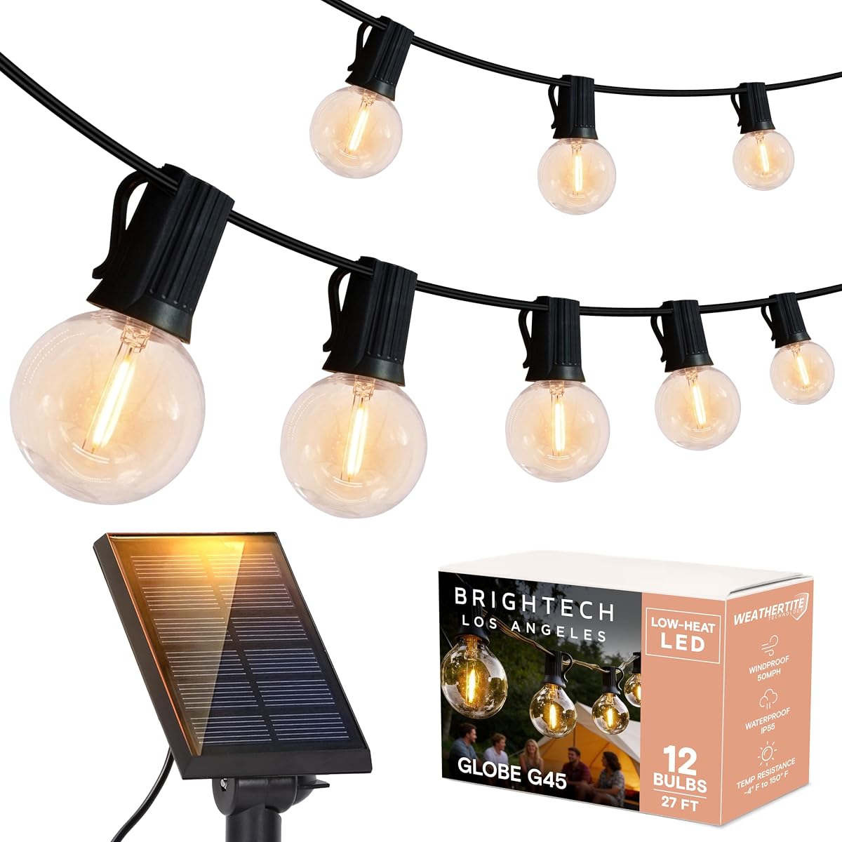 Ambience Pro Solar Powered LED Outdoor String Lights - 27 Ft Commercial Waterproof Patio Lights with Edison Bulbs - Durable String Lights for Outside, Backyard, Porch - 1W, Warm White