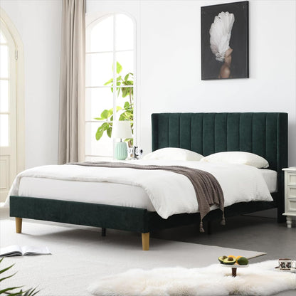 Queen Bed Frame，Platform Bed with Upholstered Headboard，Ink Green