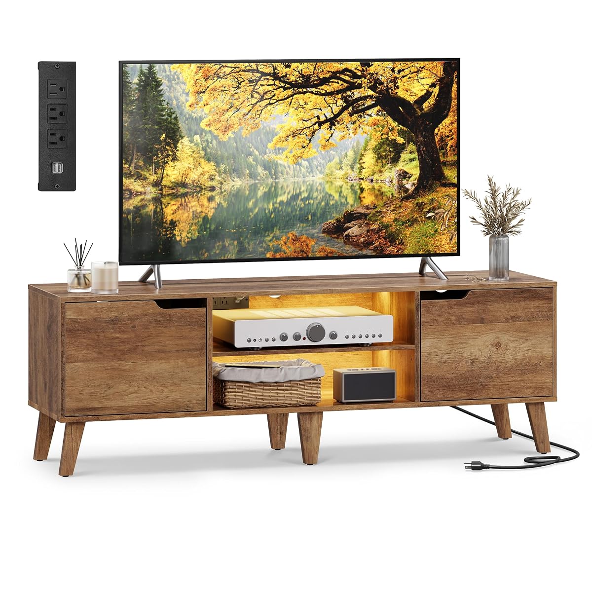 TV Stand with Power Outlet, Entertainment Center with LED Light