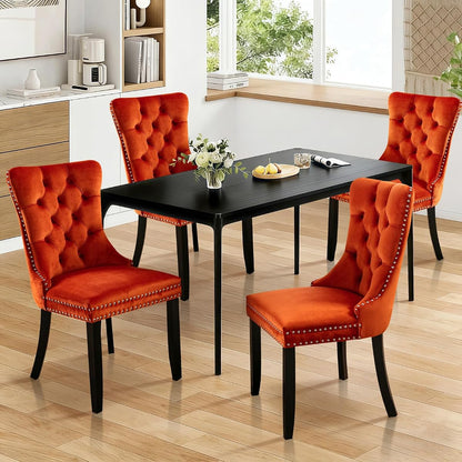 Velvet Dining Chairs Set of 4, Tall Back Side Chair, Modern Upholstered High-end Tufted Side Chair with Button Back Ring, Solid Wood Legs (Orange)