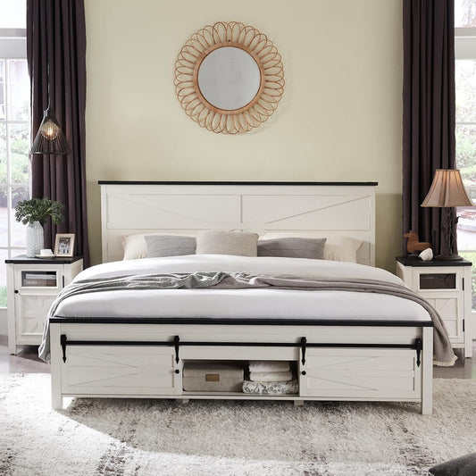 3 Pieces Farmhouse Bedroom Set-Queen Size Bed with 2 Nightstands of Sliding Barn Door Storage Cabinets, Solid Wood Slats Support, Noiseless, No Box Spring Needed, Off White