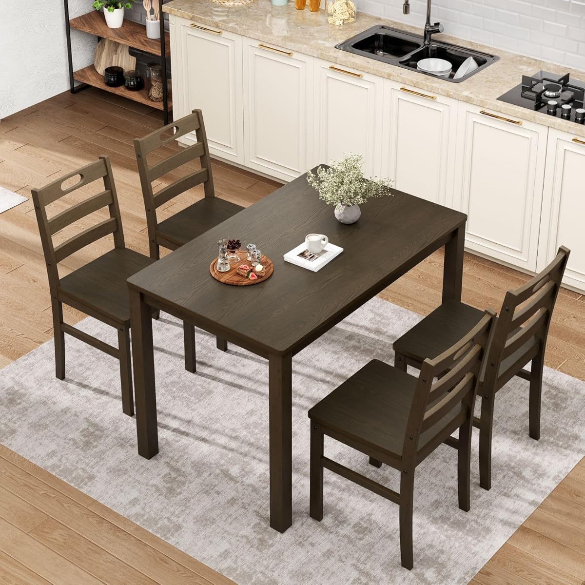 5 Piece Dining Table Set for 4, Wood Kitchen Table and Chairs,Space-Saving Farmhouse Dining Sets,Dark Walnut