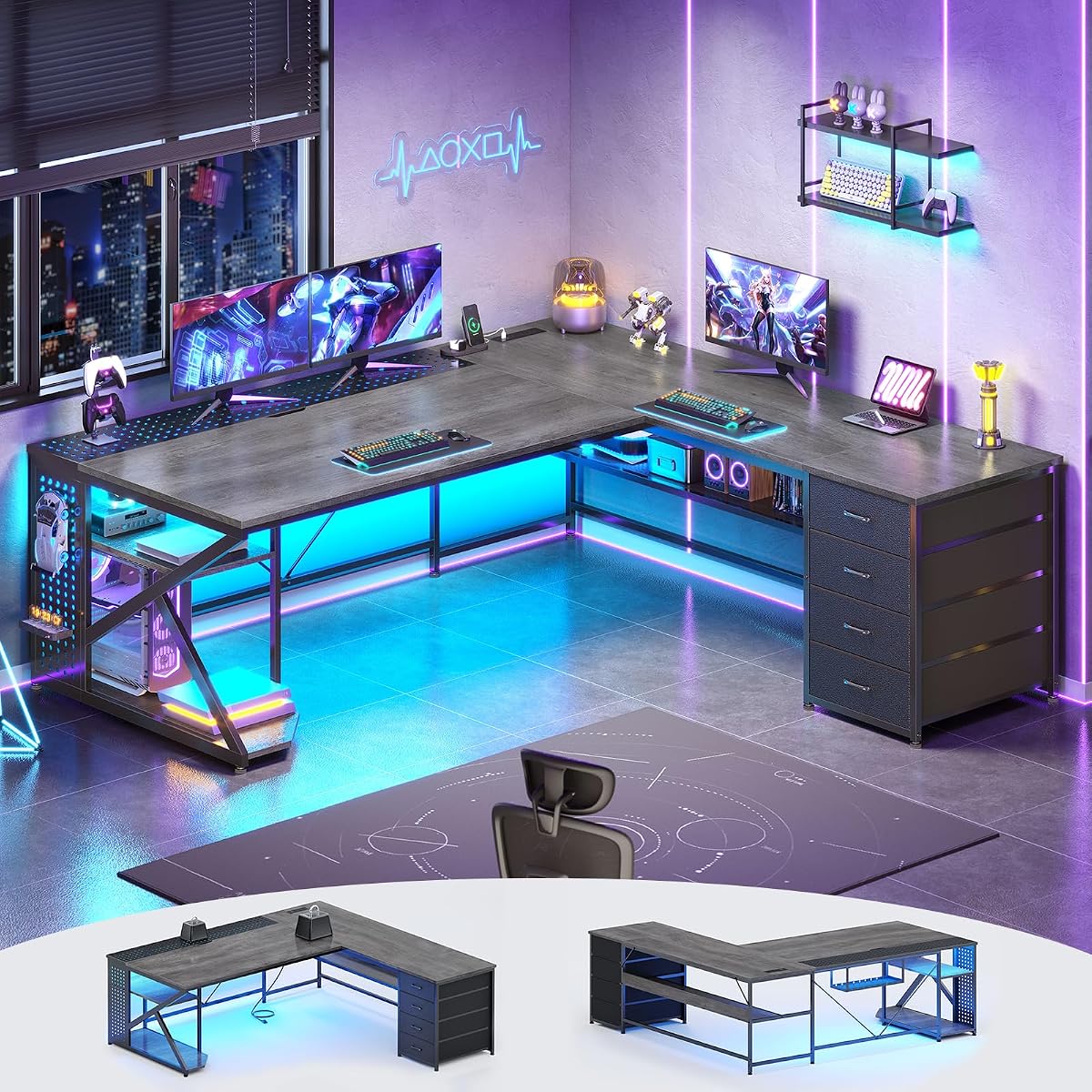 67"x 65" L Shaped Gaming Desk with 4 Drawers & Shelf Storage, Grey