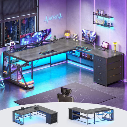 67"x 65" L Shaped Gaming Desk with 4 Drawers & Shelf Storage, Grey