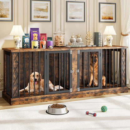 86.6" Double Dog Crate Furniture as TV Stand, Dog Kennel Furniture for 1 or 2 Dogs, Heavy Duty Dog Cage Indoor for Small/Medium/Large Dogs, Retro