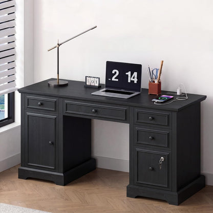 59" Farmhouse Executive Desk with Drawers Cabinet Power Outlet