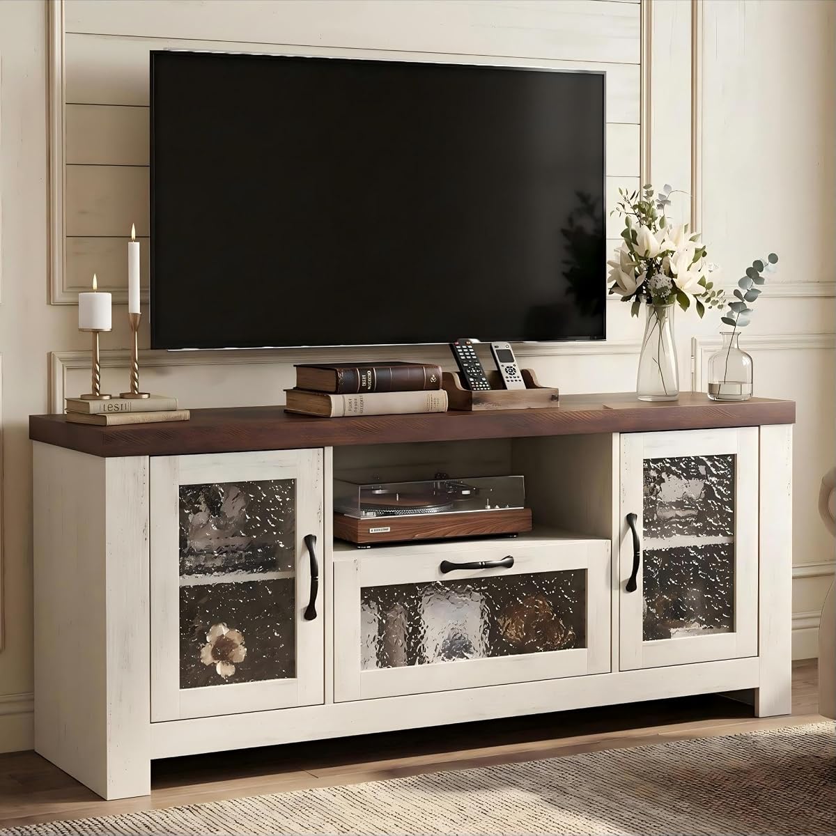 Farmhouse White & Brown TV Stand for 65 Inch TV for Living Room