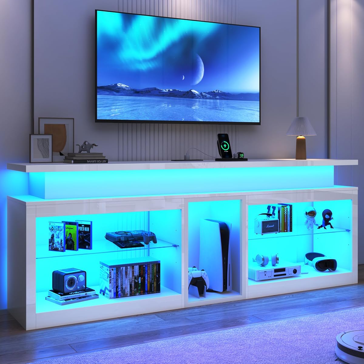 71" LED TV Stand with Power Outlet,60-Colors LED Lights For 70 80 in TV,WT