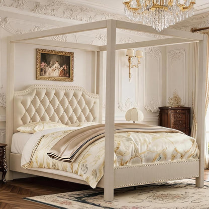 Upholstered King Size Bed Frame with Canopy Poles and Headboard