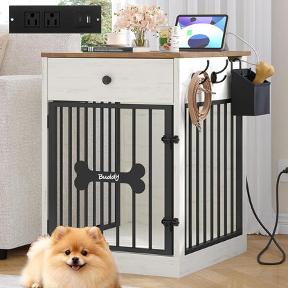 24.6'' Dog Crate Furniture with Storage & Power Indoor Dog Kennel