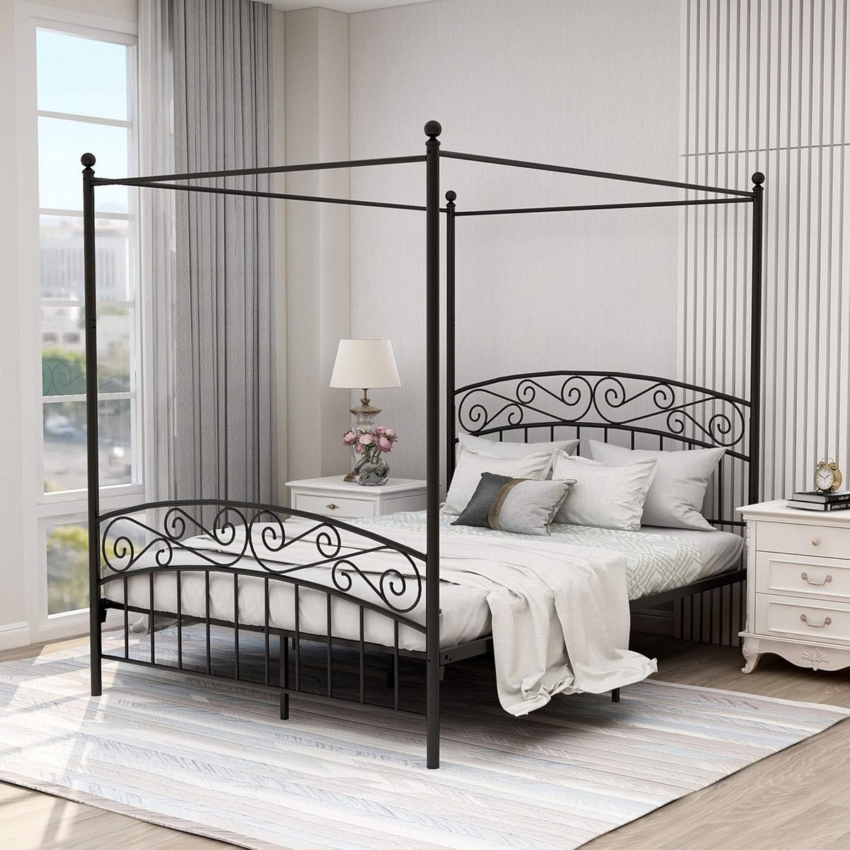 Queen Size Metal Canopy Bed Frame, Black