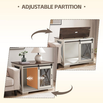 Dog Crate Furniture, Dog Kennel End Table Dog Kennel Indoor with Sliding Barn Door Heavy Duty Dog Cage XL Dog Crate Side Table with Flip-Top Plate and Detachable Divider for Medium, Large Dog