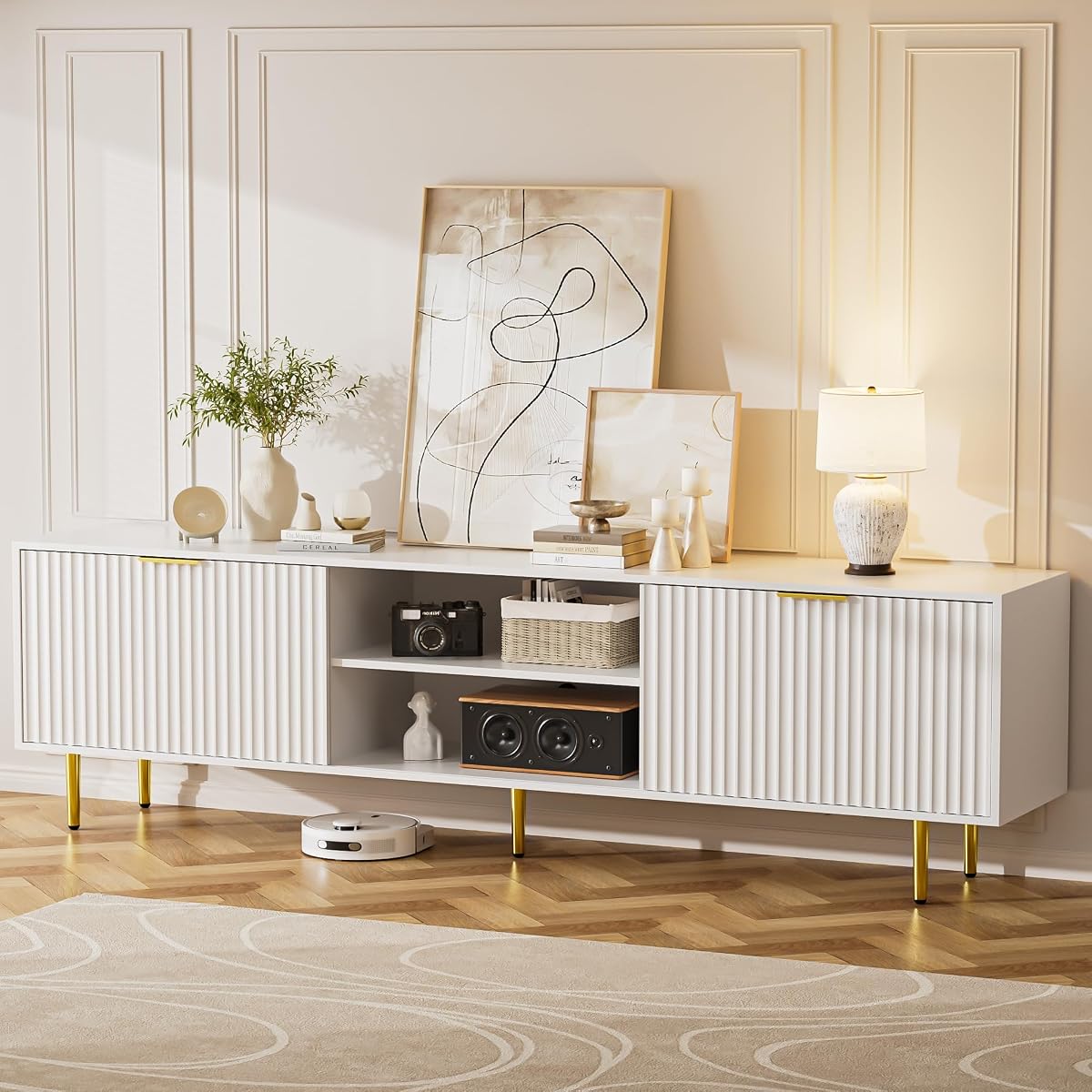 Mid-Century Wood TV Stand with Storage and Sliding Doors