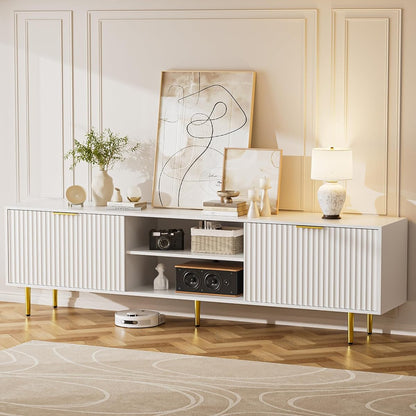 Mid-Century Wood TV Stand with Storage and Sliding Doors