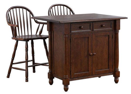 Andrews Drop Leaf Kitchen Island with Counter Height Stools with Arms |Distressed Chestnut Brown | Drawers and Cabinet