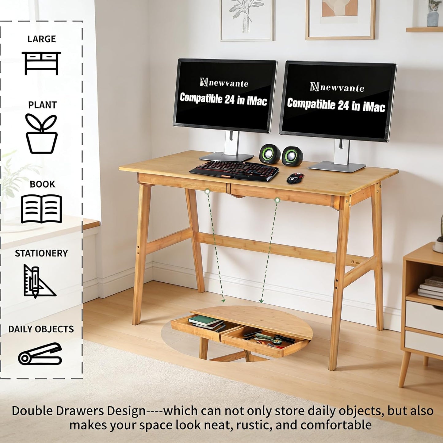 Writing Computer Desk 46" Bamboo Home Office Table with 2 Drawers, Modern Furniture Simple Study Makeup Workstation