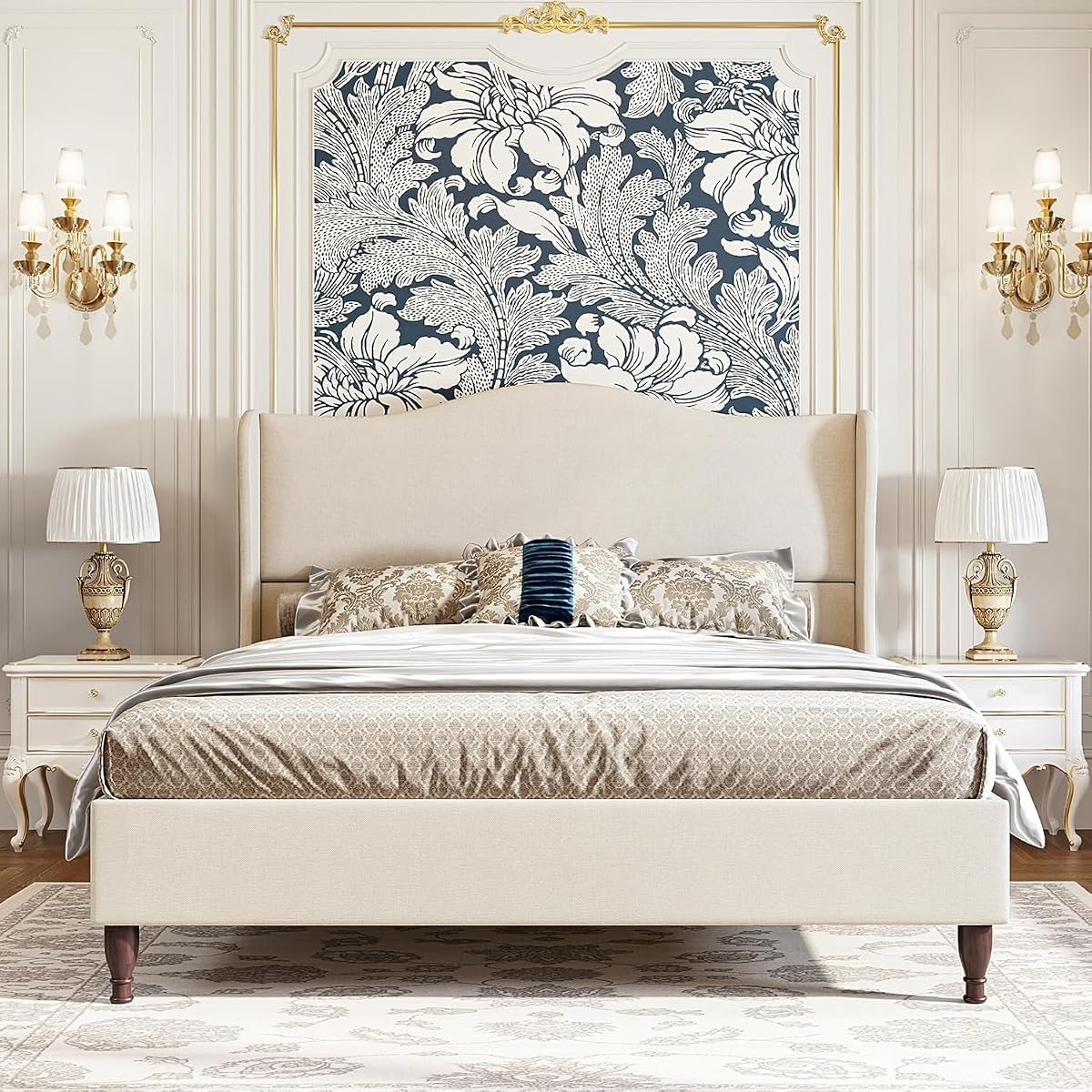 King Size Upholstered Bed Frame with 51'' Tall Headboard, Beige