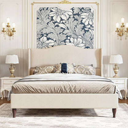 King Size Upholstered Bed Frame with 51'' Tall Headboard, Beige