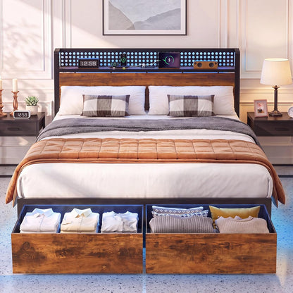 Full Bed Frame with 2 Drawers, Platform Bed with LED Lights & Charging Station