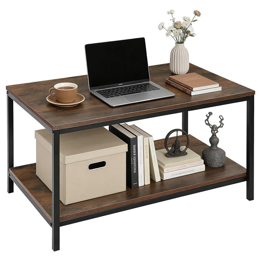 Industrial Coffee Table with Storage Shelf for Living Room, Wood Look Accent Furniture with Vintage Wooden Board Stable Metal Frame Cocktail Table 2-Tier Tea Table, Rustic Brown