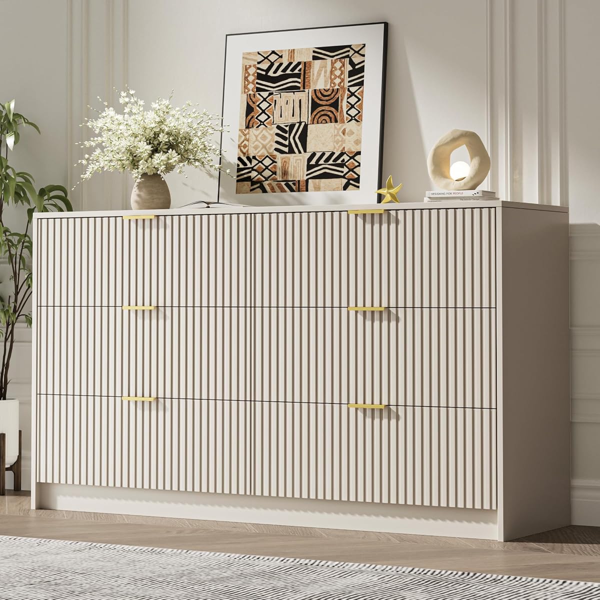 55" Wide Fluted 6-Drawer Double Dresser for Bedroom, Beige