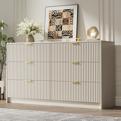55" Wide Fluted 6-Drawer Double Dresser for Bedroom, Beige