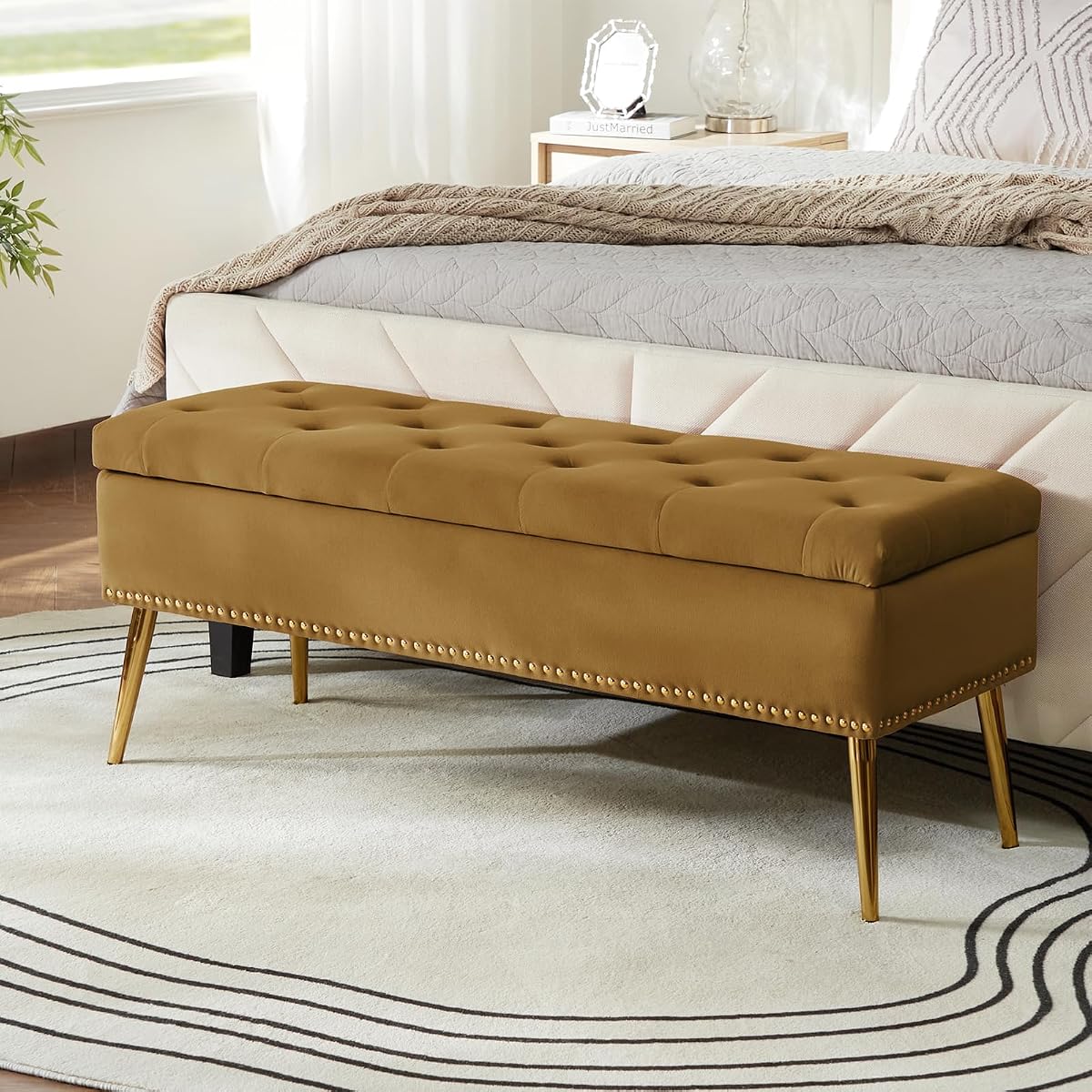 Modern Velvet Storage Ottoman Bench with Gold Base & Nailhead Trim, Upholstered Bedroom Bench for End of Bed, Button-Tufted Footstool for Entryway Living Room Dining Room, Golden