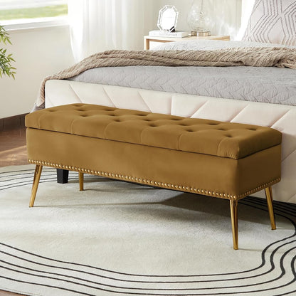 Modern Velvet Storage Ottoman Bench with Gold Base & Nailhead Trim, Upholstered Bedroom Bench for End of Bed, Button-Tufted Footstool for Entryway Living Room Dining Room, Golden