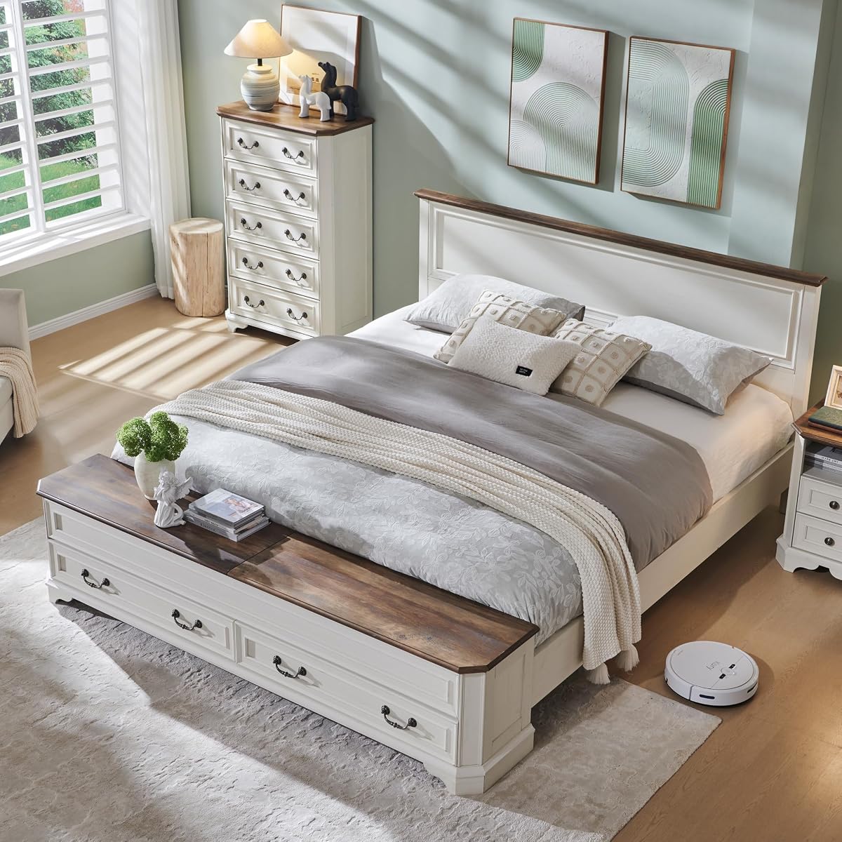 Farmhouse King Bed with Headboard and Storage Bench, Antique White