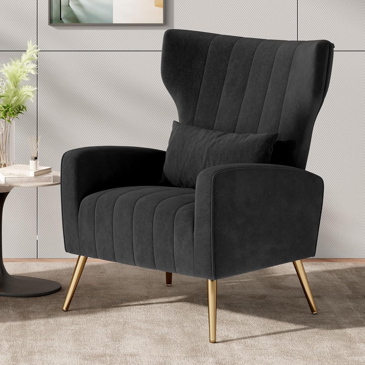 Velvet Accent Chairs Modern High Back Armchair Arm Chair with Lumbar Pillow, High Back Upholstered Single Sofa Chair with Gold Metal Legs for Bedroom,Black