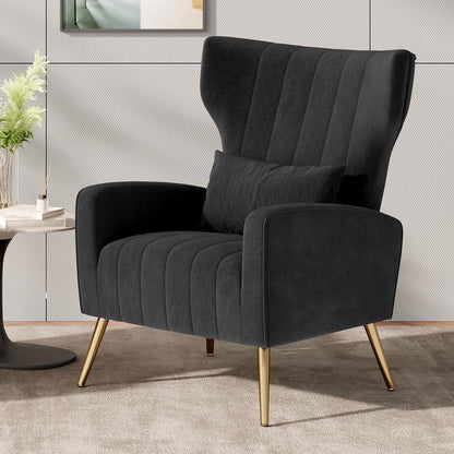 Velvet Accent Chairs Modern High Back Armchair Arm Chair with Lumbar Pillow, High Back Upholstered Single Sofa Chair with Gold Metal Legs for Bedroom,Black
