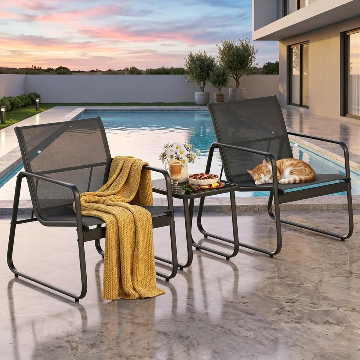 Patio Chairs Set of 2, Patio Bistro Set 3PCS, Outdoor Patio Furniture Set with Rust-Resistant Metal Frame, 330LBS Capacity，for Balcony/Lawn/Patio/Pool, RCS Certified Recycled Material, Black