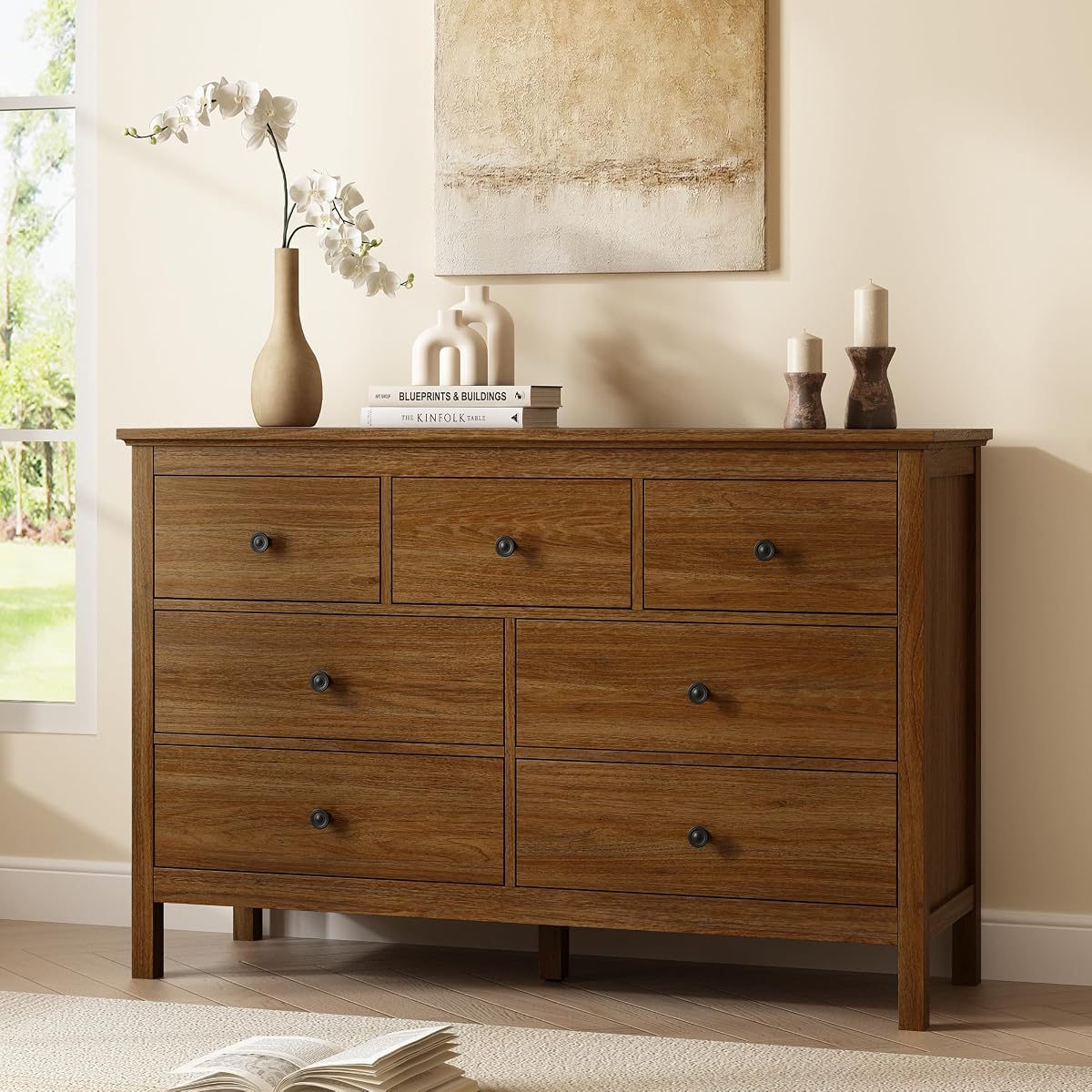 47" Walnut Dresser for Bedroom with 7 Drawer & Metal Handles