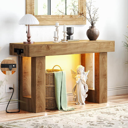 47" Entryway Table with Socket and Sensor Light, Narrow Console Table with Storage Behind Couch, Farmhouse Entry Way Tables with Open Storage for Entrance/Hallway/Living Room, Natural Oak